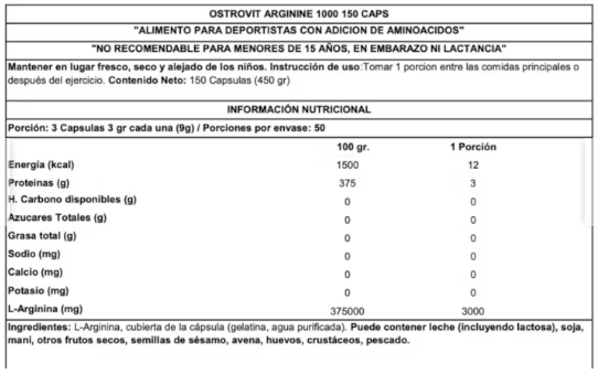 arginina 3000 mgr 150 capsulas